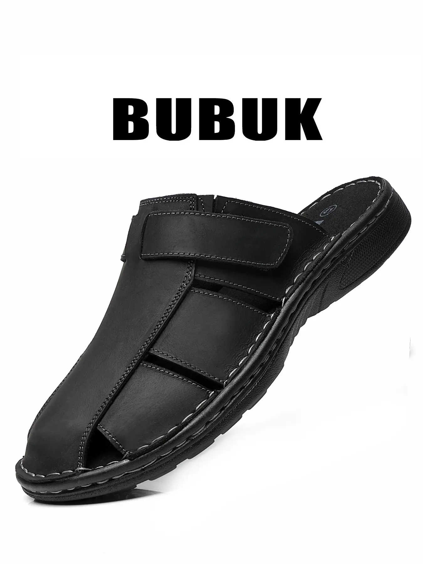 BUBUK Men's Leather Cowhide Slip-On Sandals, Casual Summer Footwear, Anti-Slip & Durable Design, Ideal for Outdoor Activities, Comfortable Walking Shoes