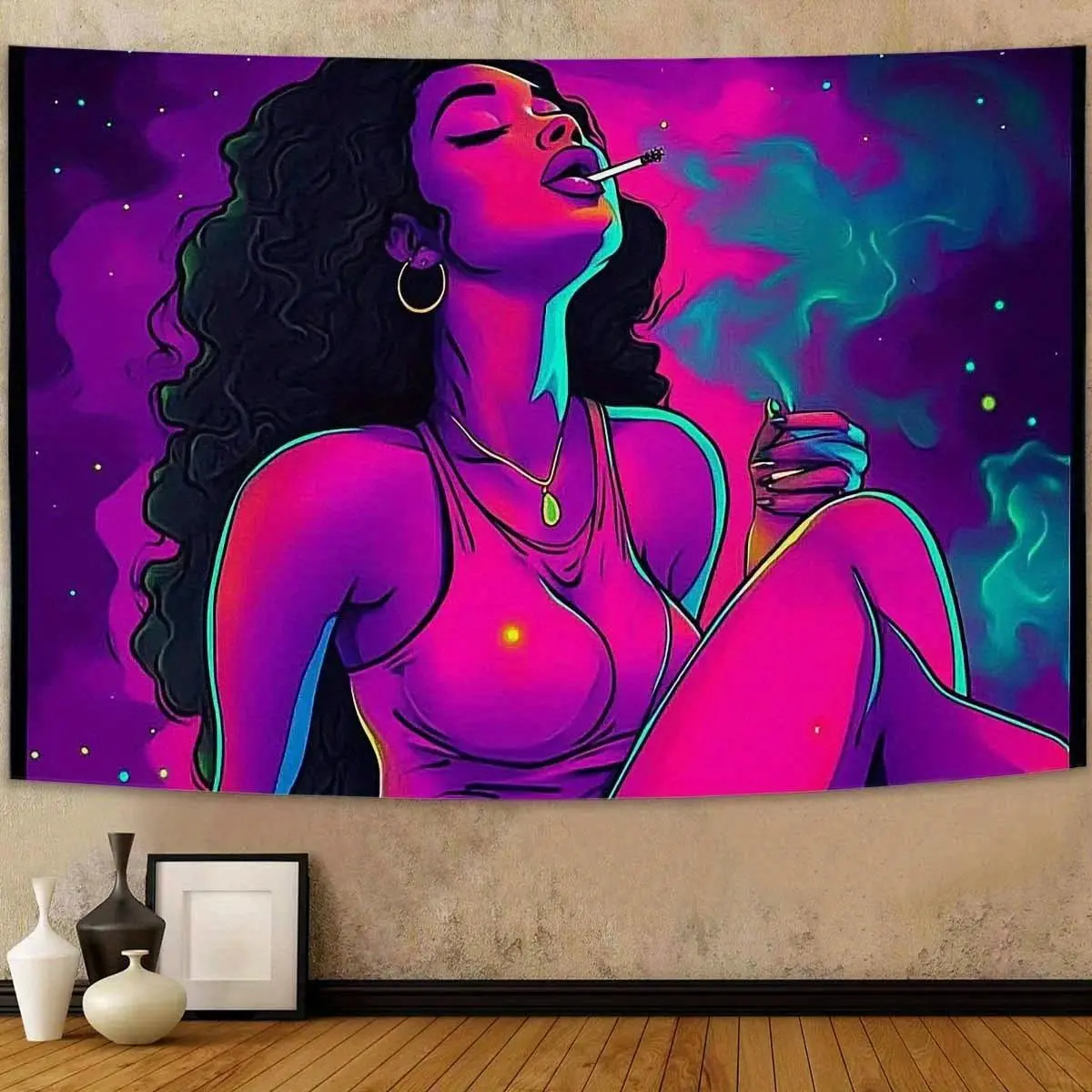 Psychedelic Starry Night Girl Tapestry - Purple-Pink Gradient Starry Sky Design, Synthetic Wrinkle-Resistant Backdrop, Lightweight Hanging Photo Backdrop for Living Room Sofa Music Space, Anniversary & Bonfire Party Supplies