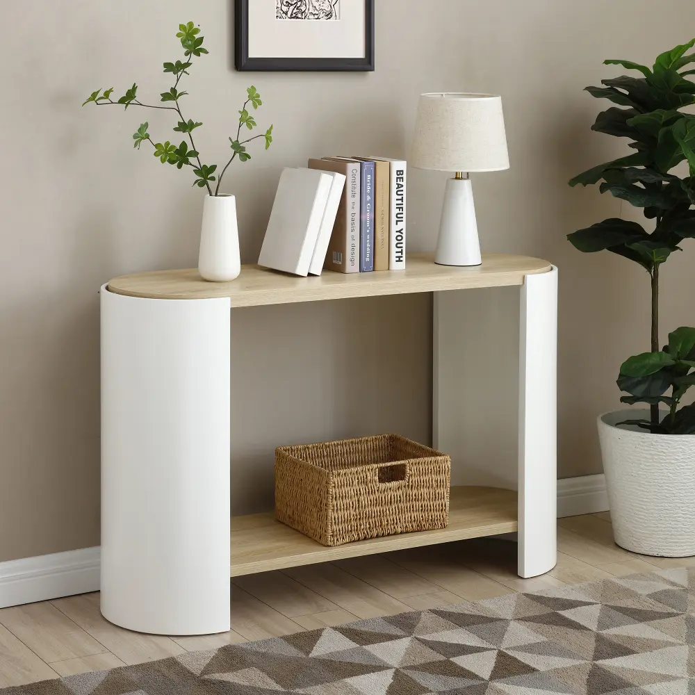 End Table with 2-Tier Storage Shelves, Small Side Table Nightstand for Bedroom Living Room, Modern Sofa Accent Table for Small Spaces, Bedside Table with Sturdy Frame, Easy Assembly, Space-Saving Storage Organizer, Natural Wood & White Finish