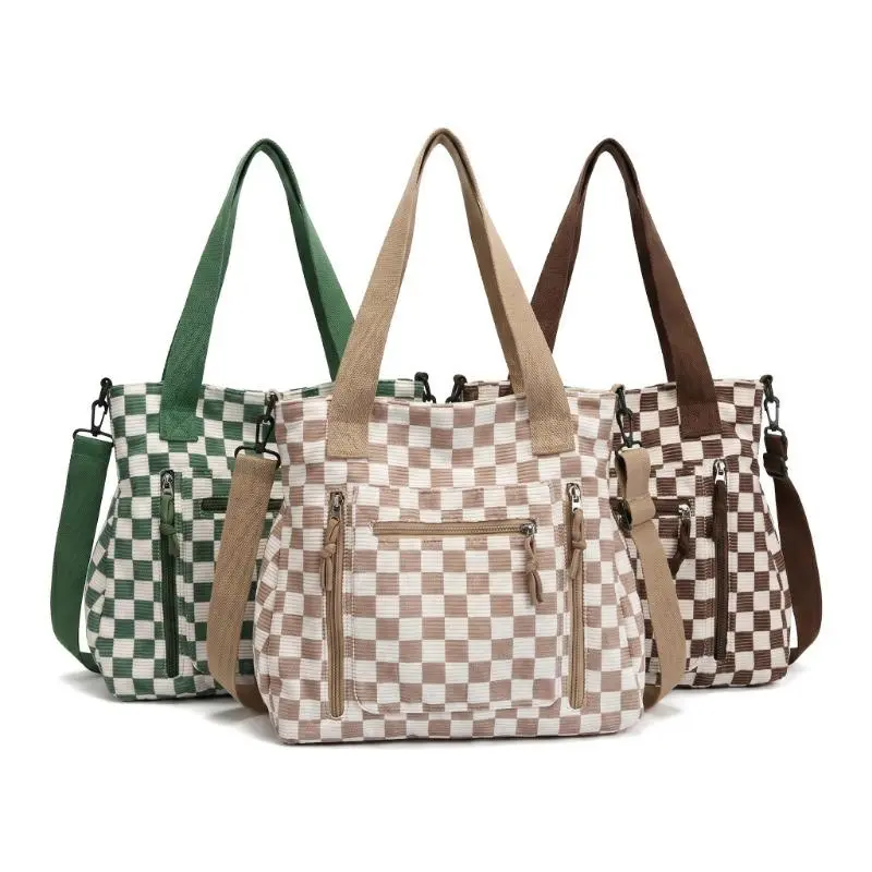 Checkered pattern corduroy large capacity multi pocket mommy bag with simple design, portable crossbody bag, Casual Handbags, Casual Office Handbag, Casual Commuter Bag for work and daily use, tote bag, Lightweight Tote Bag