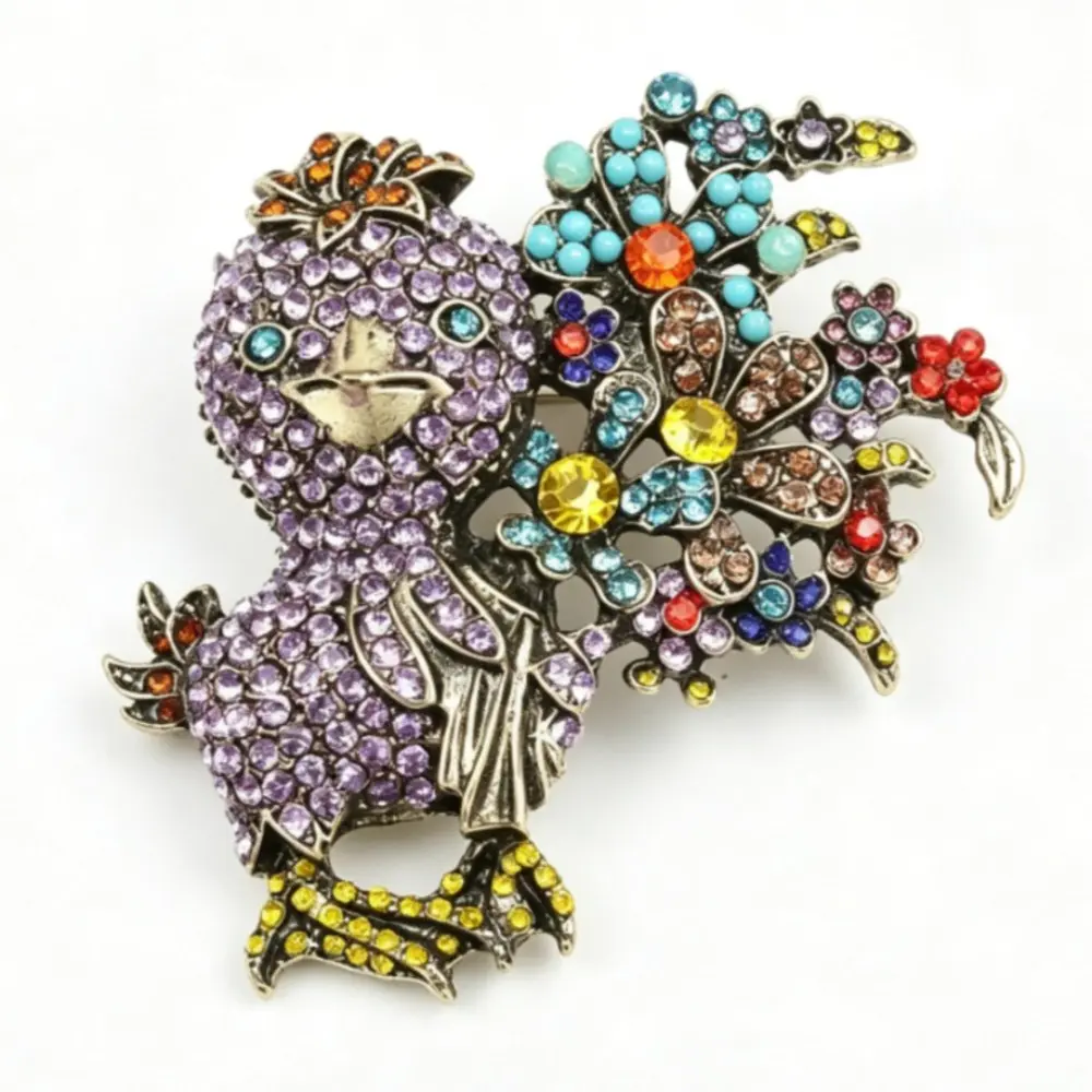 Antique Gold Chick Brooch Fully Paved Purple Rhinestone Beside Colorful Crystal Flower Cluster Cute Pet Pin