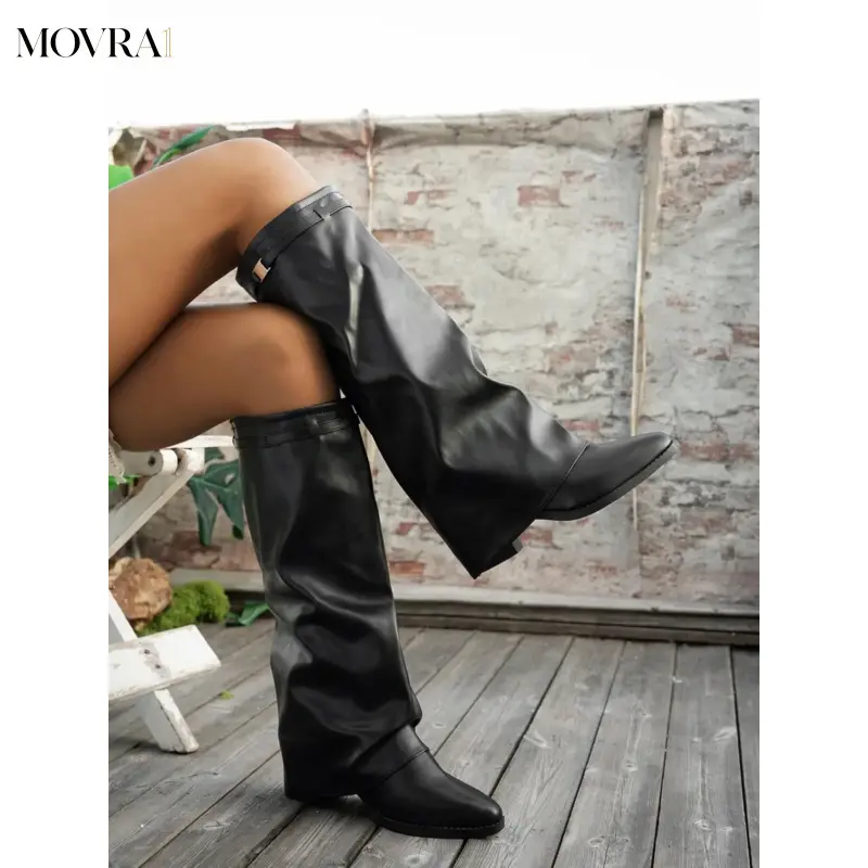 MOVRA1 Women's Shark Lock Fold Knee Boots, Heels Boots, Wedge Heel Design, Zipper Closure, Round Toe, Luxury Fashionable Footwear, Heeled Boots