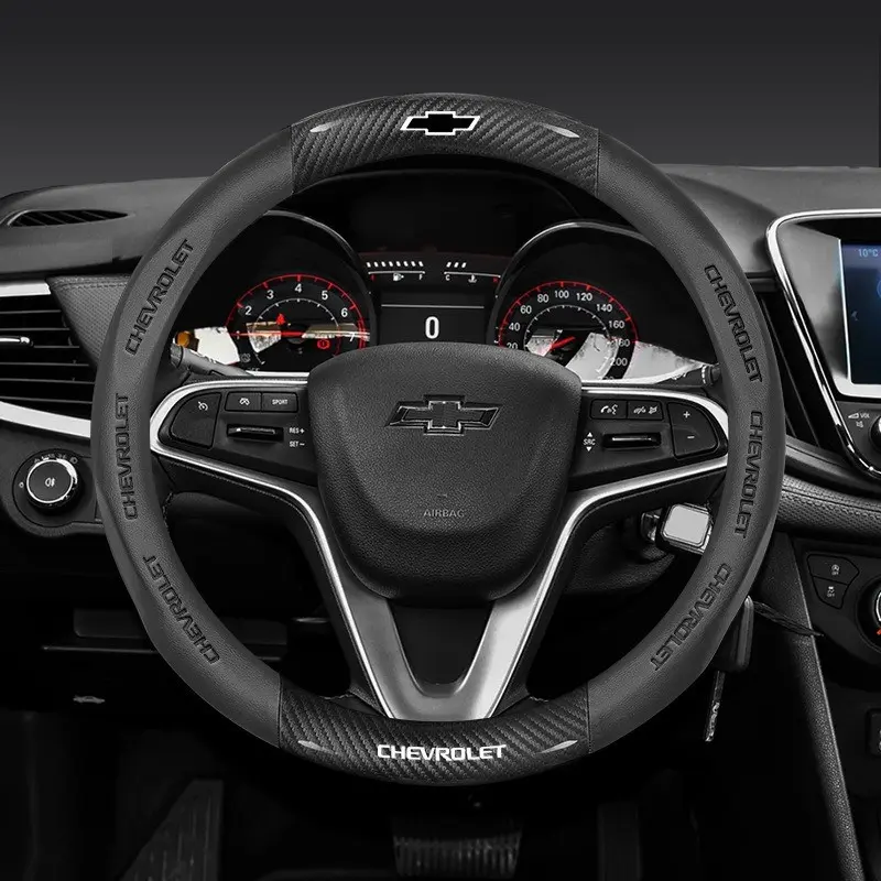 Car Carbon Fiber Leather Steering Wheel Cover, Non-Slip Sweat-Resistant, Compatible with Chevrolet Models, Durable and Stylish
