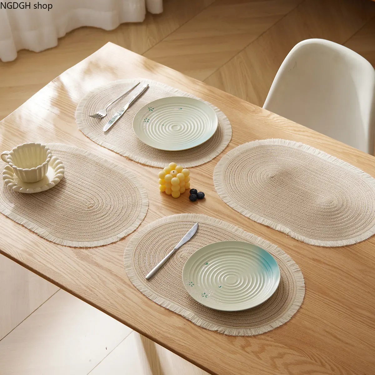 Woven Dining Placemats Set, Beige Green Oval Shape with Fringe, Heat Resistant Washable Table Mats for Kitchen Home Decor, Kitchen Decorative Placemat