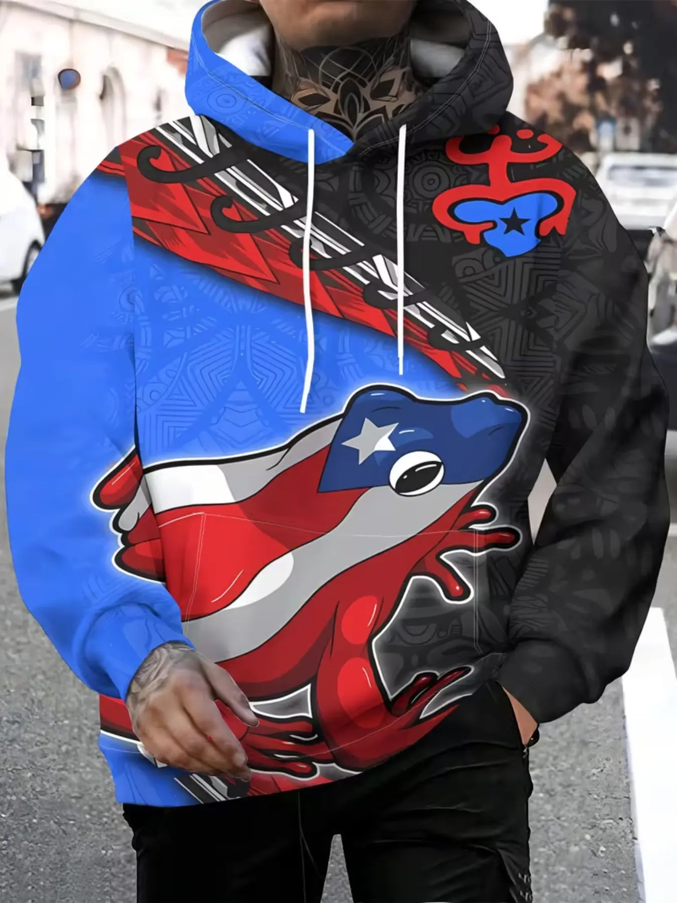Hooded Sweatshirt, Blue, Puerto Rico Flag Frog and Totem Print, Casual Fitted All Seasons Wear, Unlined Design