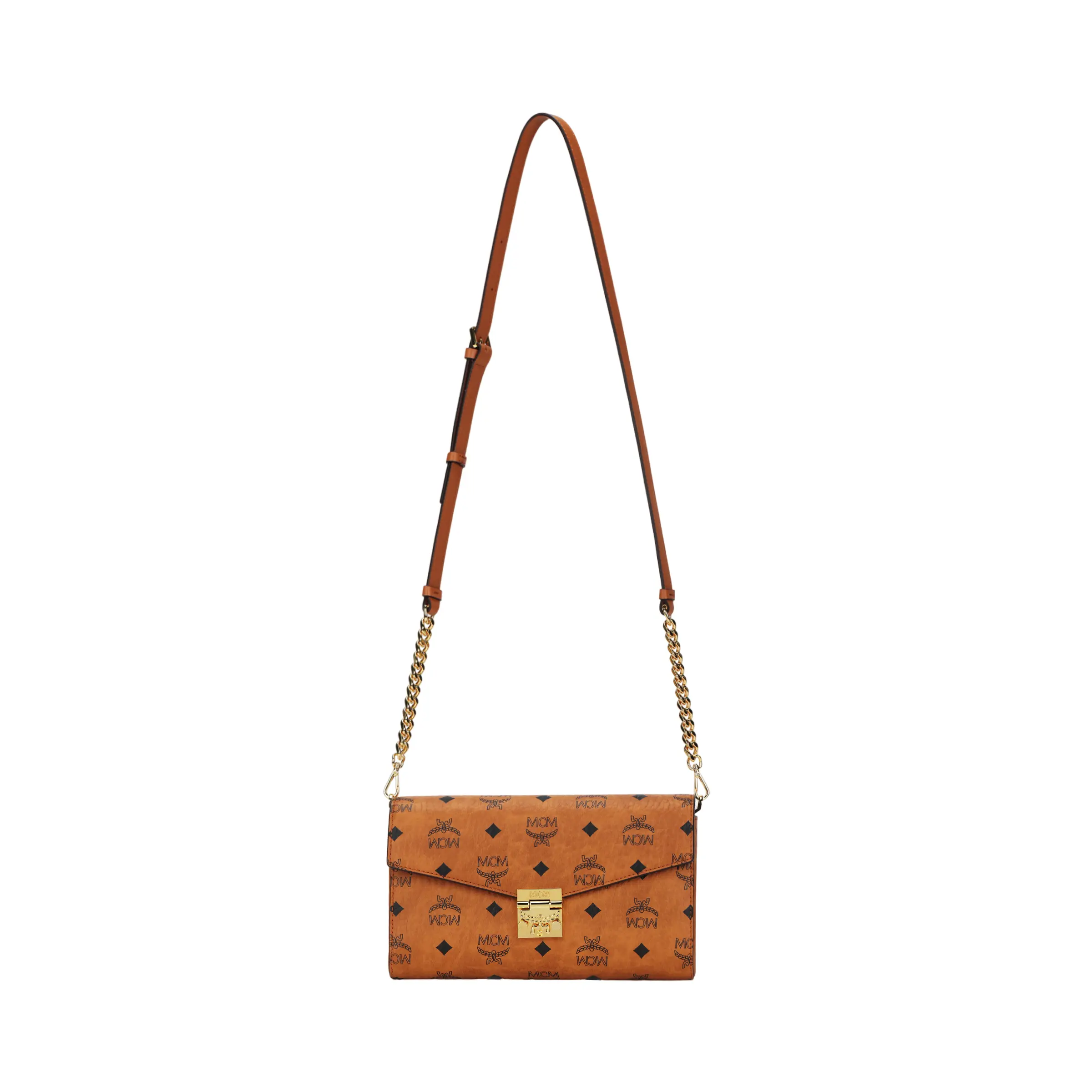 MCM Tracy Oversized Monogram Flap Crossbody Bag for Women, Canvas and Leather, Cognac Brown