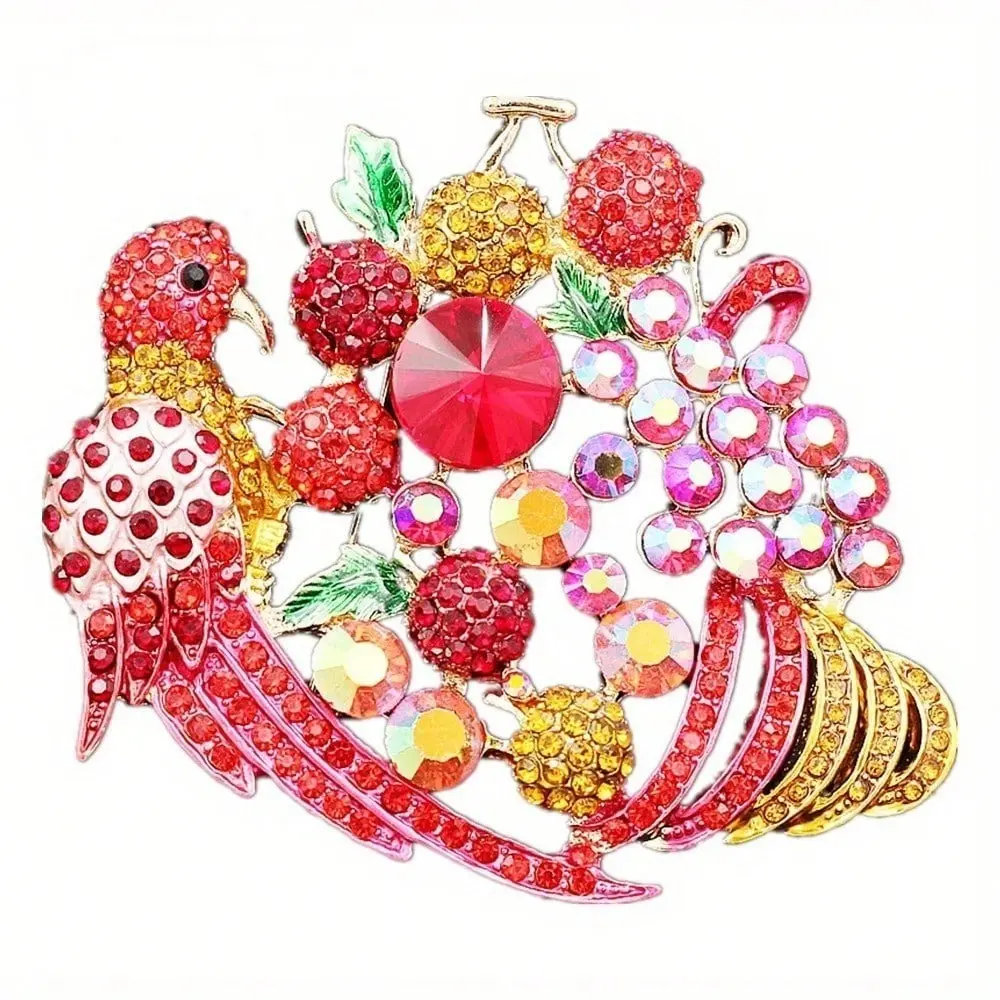 Red Rhinestone Parrot Brooch Gold Frame Fruit Grape Leaf Multi Color Crystal Unisex Bird Lapel Pin