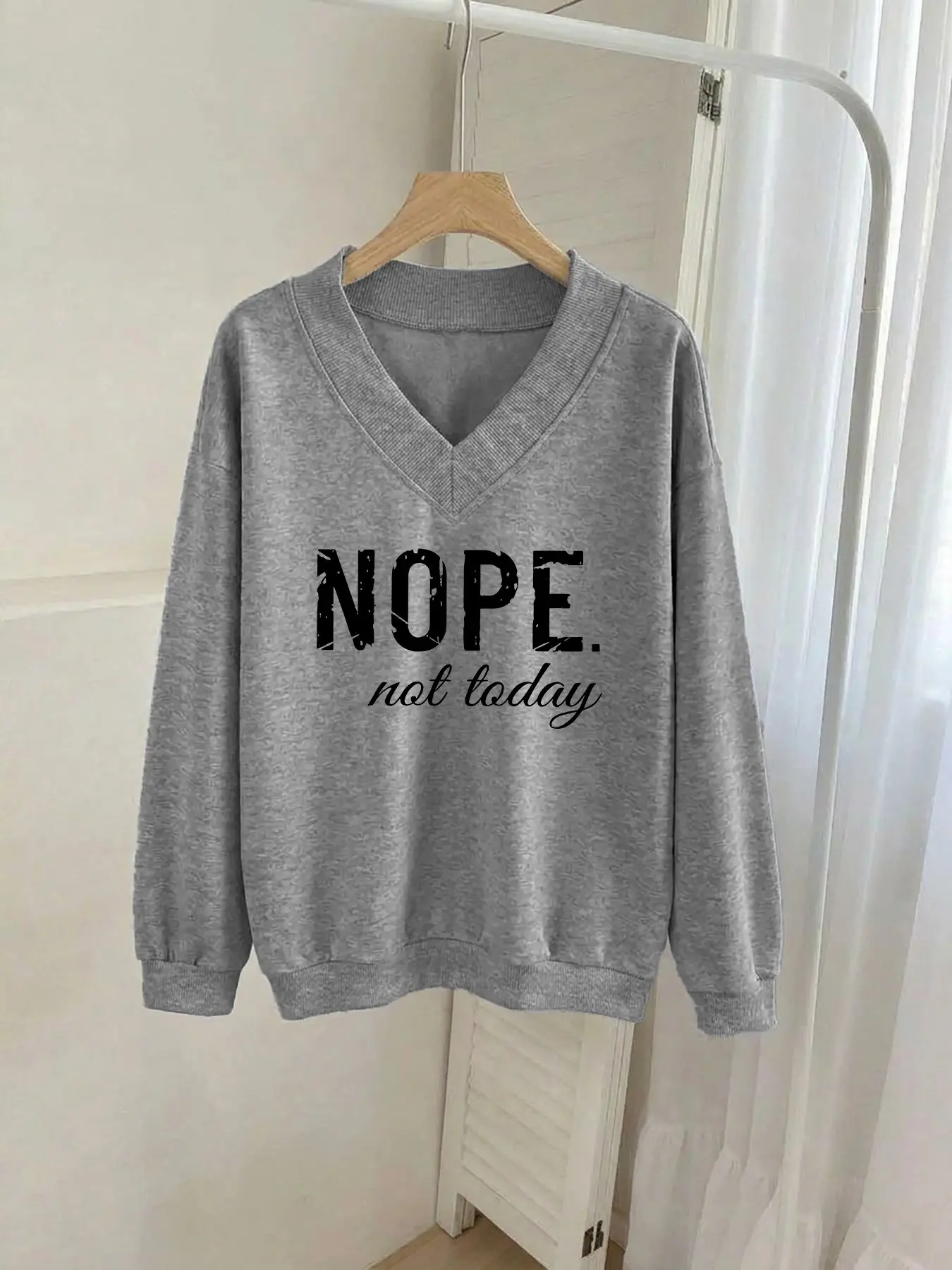 Viral TikTok Cozycore "NOPE" Slogan Print Aesthetic Oversized V-Neck Comfy Cotton Blend Casual Loungewear Graphic Sweatshirt for Women Streetwear Y2K Drop Shoulder Pullover Top Soft Breathable Relaxed Fit Daily Wear Trendy Statement Piece