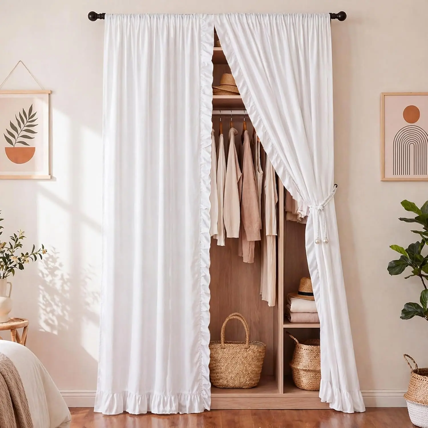 2-Pack 55x80 Inch Breathable Vintage Ruffled Double Curtain Panels, French Country Open Closet Divider with Pearl Tiebacks, White Boho Drapes for Laundry Doorway Hassle-Free Installation Home Decor, Curtains