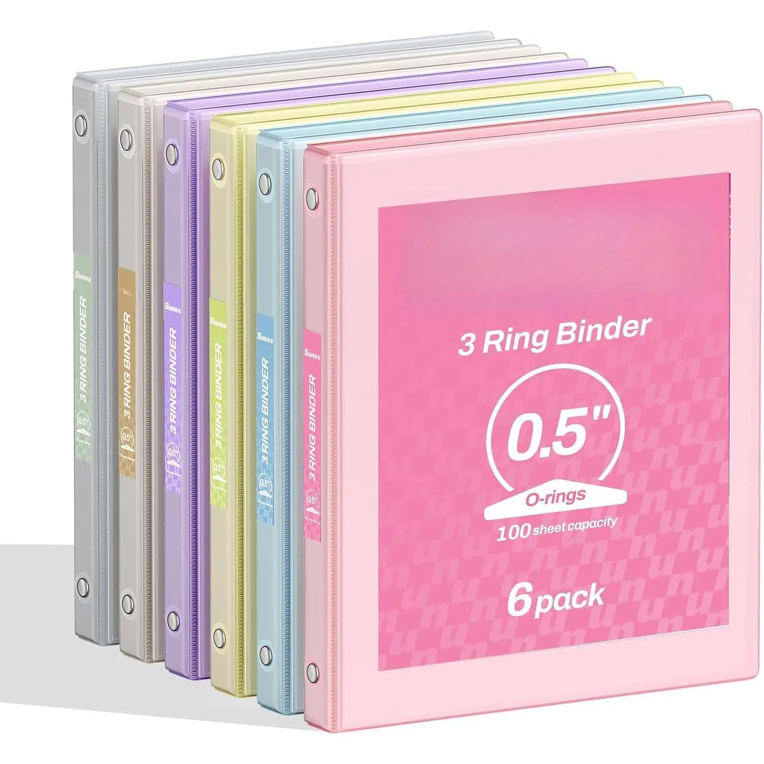 1/2 Inch Binders 3 Ring 6 Pack, 3 Ring Binders Clear View PVC-Free Bulk (Fit 8.5x11 Inches) for School or Office Supplies, Pastel Binder