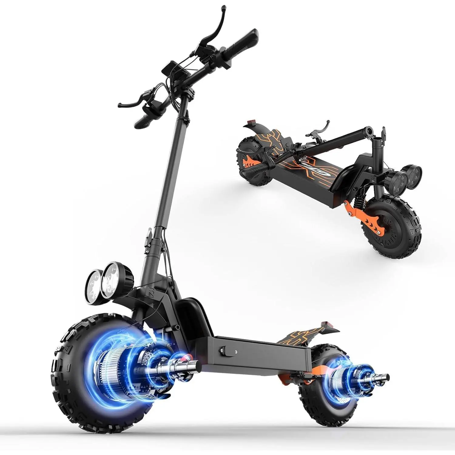 Electric Off-Road Scooter 3000W Dual Motor 48V 30Ah Battery 35 MPH Max Speed 70 Mi Max Range 11" All-Terrain Tires NFC Unlock Foldable for Commuting