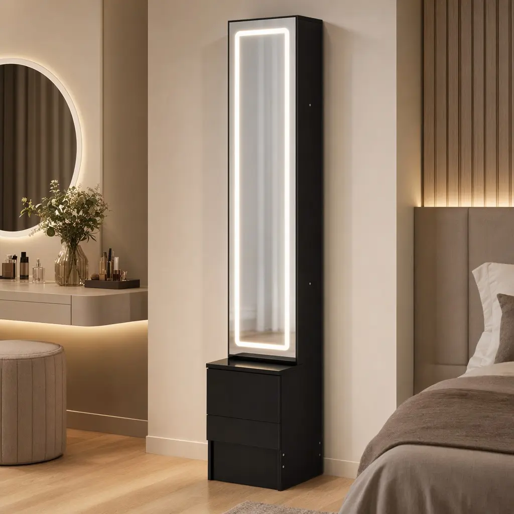 63in LED Dressing Mirror Cabinet with Lights - Stand-Alone Makeup Vanity, Adjustable Brightness 3 Color Modes, Full Length Mirror, Multi-Layer Shelves, Black MDF Cosmetic & Jewelry Organizer for Bedroom
