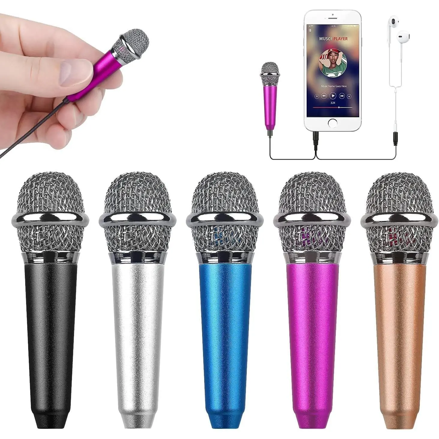 Mini Portable Vocal/Instrument Audio Microphone with Adapter, Plug & Stand for Voice Video Recording, Vlogging - Compatible with iPhone, Android, Computer, Tablet (Rose Red)