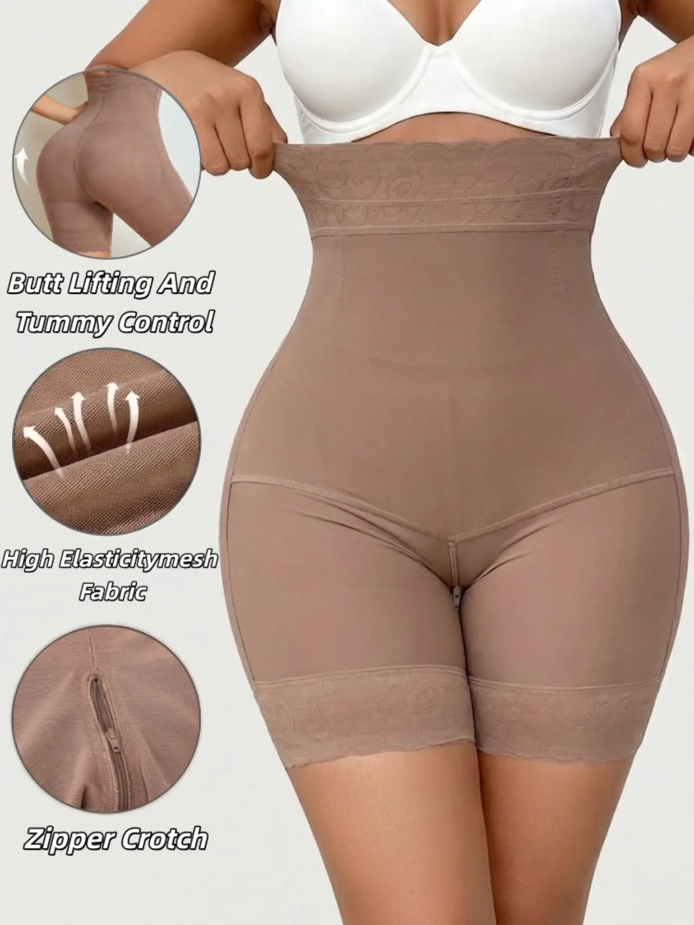 1 Count Women's Sexy Tummy Control High Compression Shaping Pantis, Fajas, Colombian Shapewear, Solid Color Lace Trim Antislip High Waist Shapewear Shorts, Breathable Butt Lifting Hourglass Sculpting Bottoms, Suitable for Party & Outgoing & Training