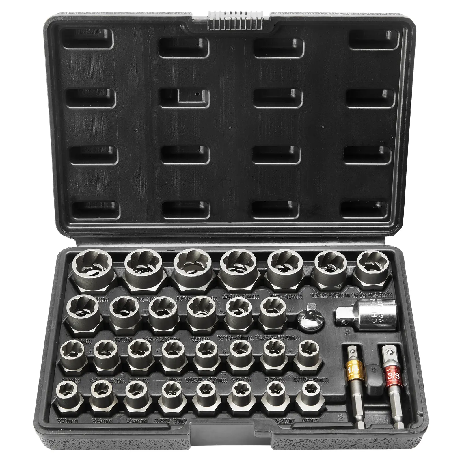 29-Piece CR-MO Steel Bolt Extractor Set - 6mm to 10mm Extraction Tool with Storage Case, for Removing Damaged, Rusted Bolts, Nuts and Screws
