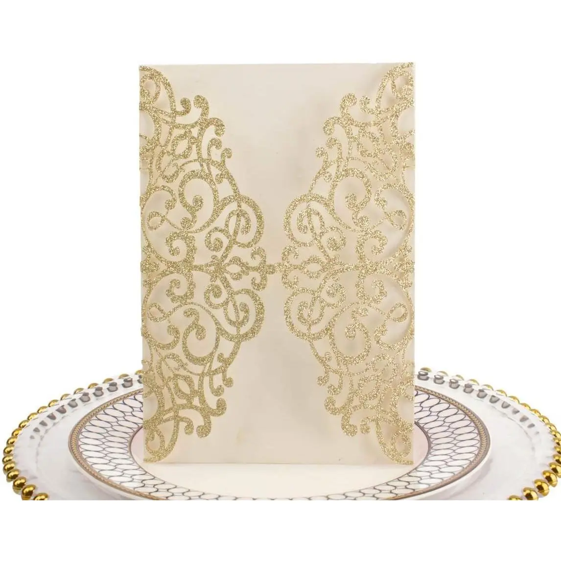 50pcs 5x7 Laser Cut Pocket Wedding Invitations Cards, No Envelope No Insert, Champagne Gold Glitter Invite for Wedding Bridal Shower Engagement Birthday