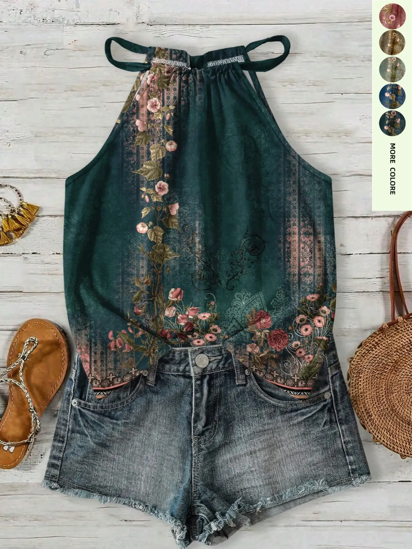 Vintage Floral Drawstring Halter Top, Boho Bohemian Unique Design Sleeveless Shirt, Loose Fit Conceals Belly Fat, Perfect for Outing Photoshoots