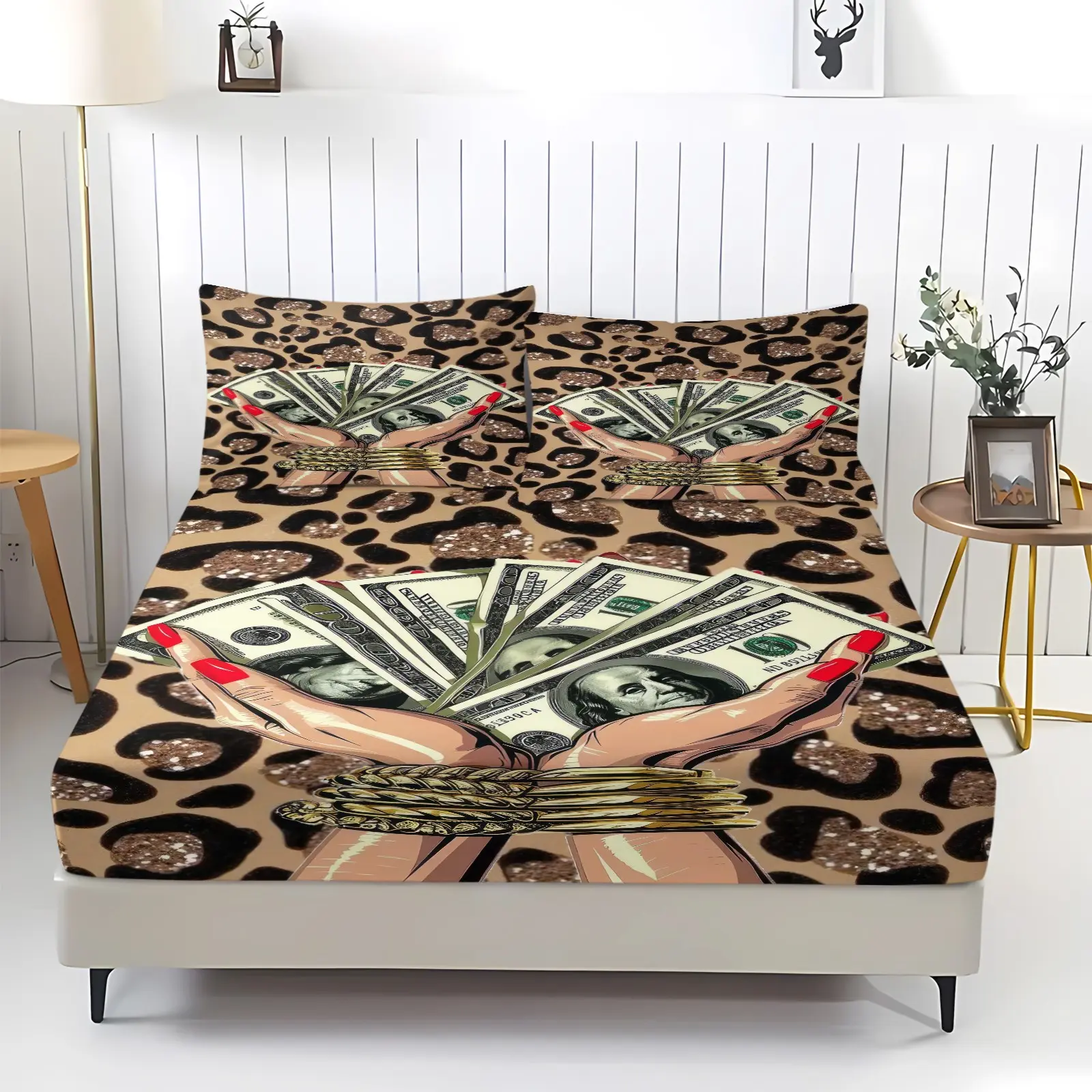 3pcs Banknote Print Fitted Sheet Set, Luxurious Leopard Print Bedding Set, Soft Microfiber Bedspread, Includes 1 Fitted Sheet And 2 Pillowcases (Pillow Inserts Not Included), Soft Deep Pocket Design. Suitable For Bedroom Bedding Sets.
