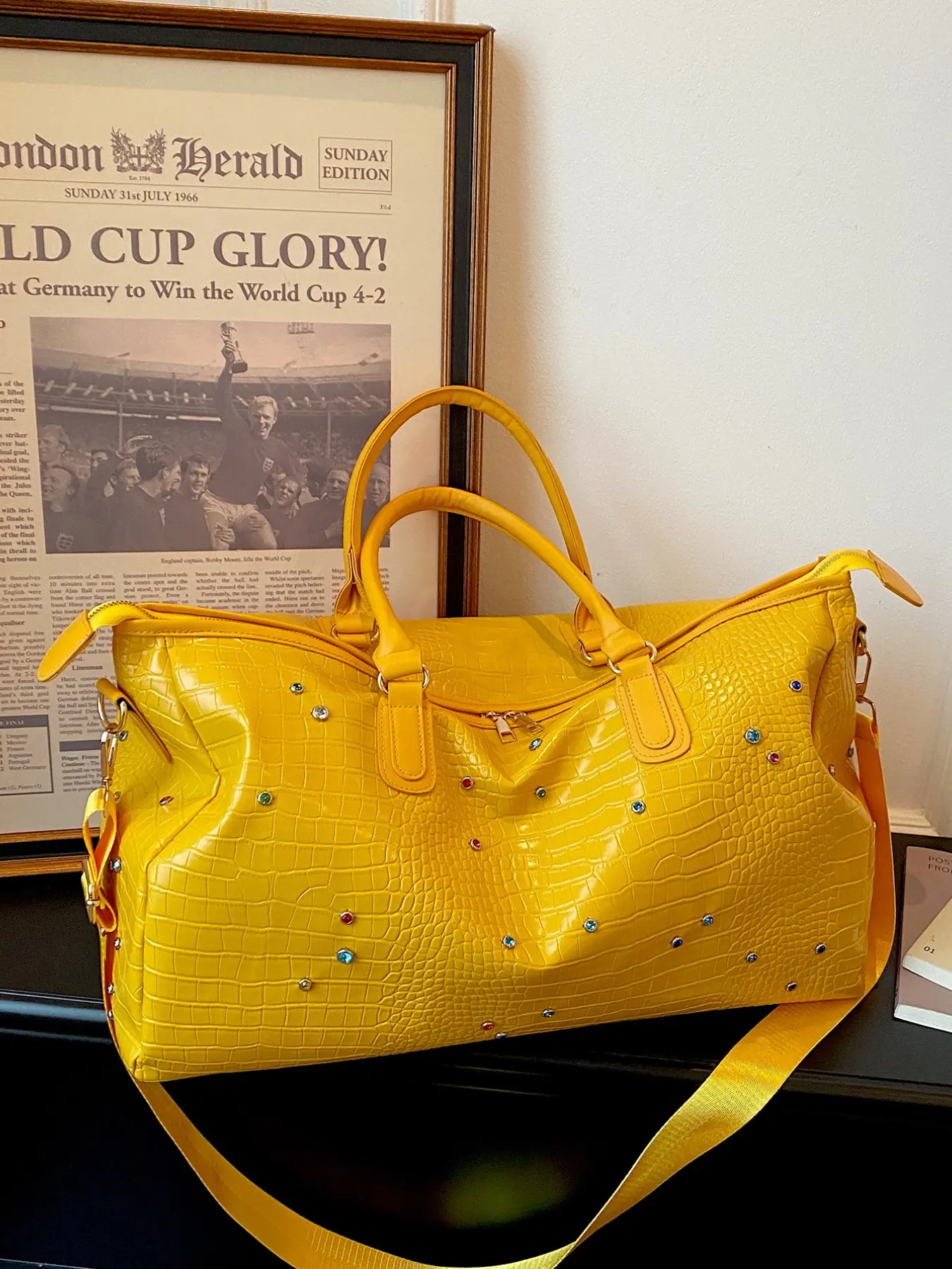Bright Stone Pattern Colorful Rhinestone Duffle Bag, Waterproof Leather, Adjustable Strap, Large Capacity, Street Style, All Seasons