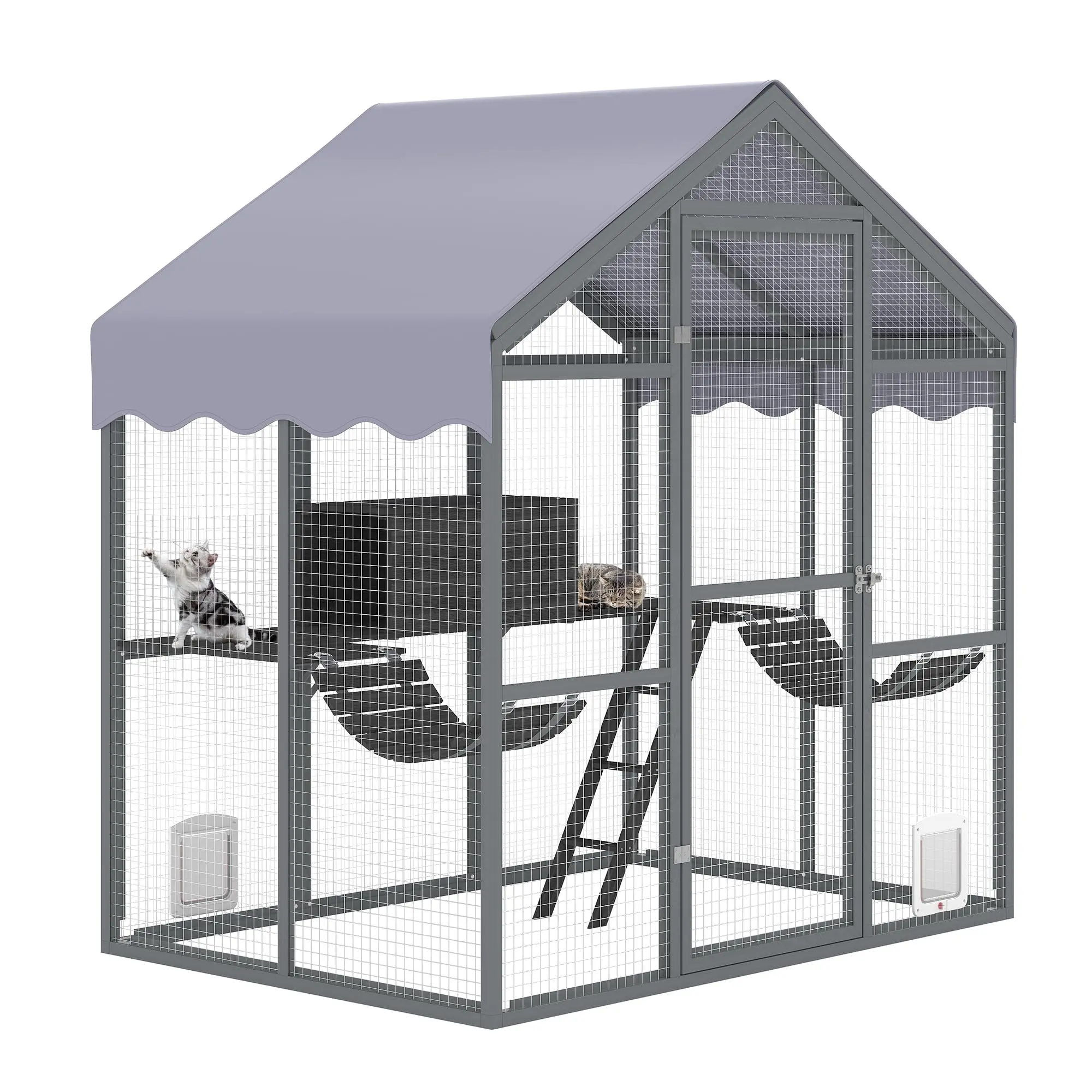 70" Wooden Catio – 2 Bridges, 2 Platforms & Cat House – 4 Adjustable Door Modes, UV-Proof Cover – for Multiple Cats – Backyard/Patio – Weatherproof-[Two Packages]