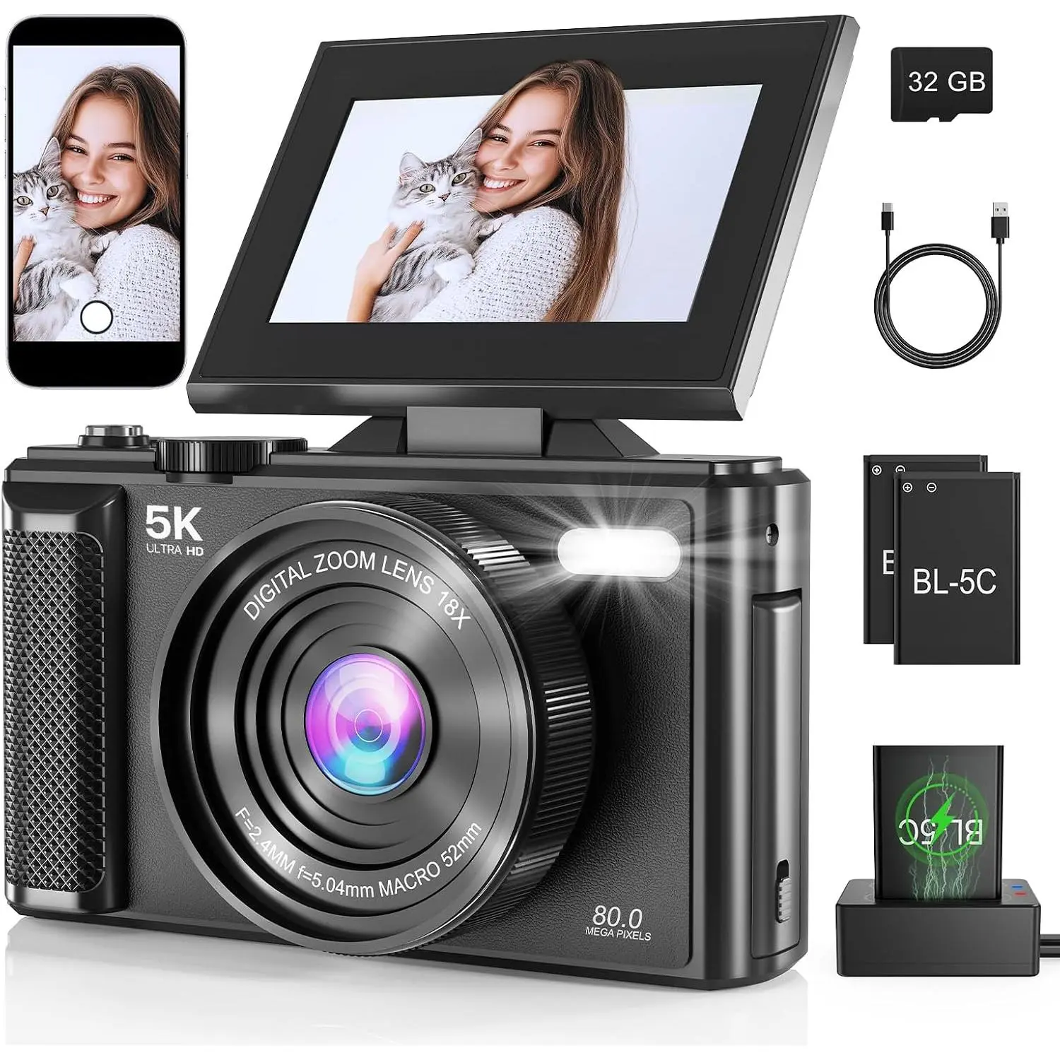 5K Vlogging Digital Camera for Beginners,80MP Travel Camera for Photography with 32GB Card,18X Zoom Portable Compact Camera with 180° Flip Screen, Point and Shoot Camera for Teen,Ideal