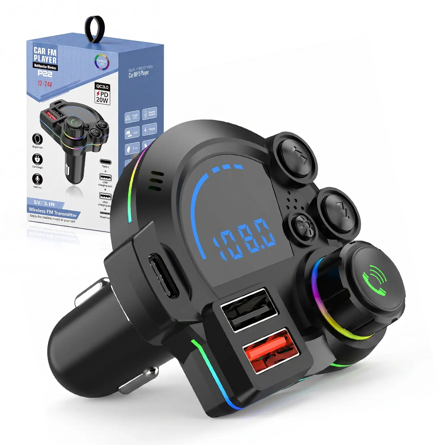 Type-C Car Charger & Bluetooth 5.3 FM Transmitter, Wireless MP3 Player with Dual USB Ports, Bass Sound Enhancer, RGB Glowing Radio Adapter, Hands-Free Calls, Car Accessories & Road Trip Essentials, Compatible with 12V-24V#TikTokShopBackToSchool