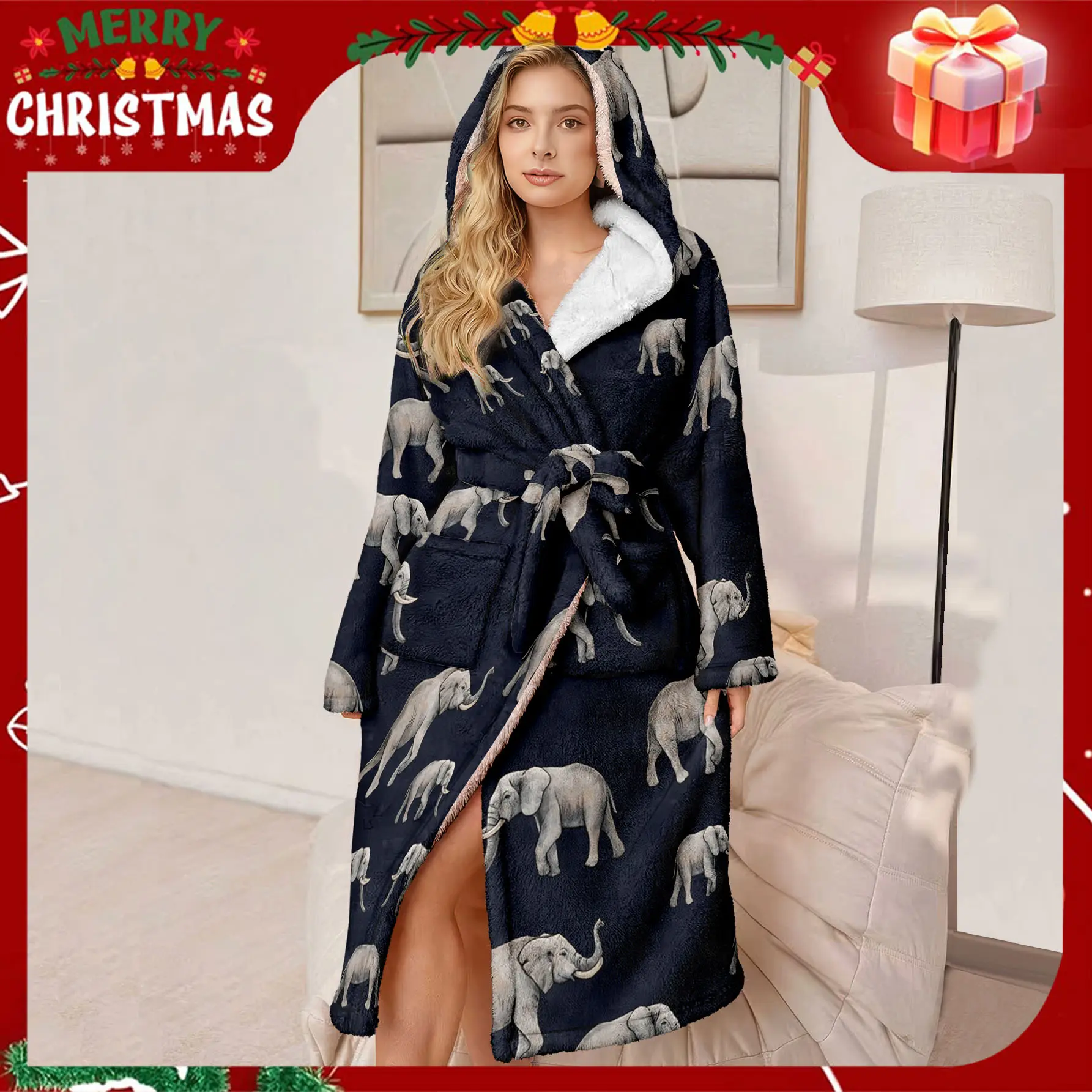Plus Size Women's Hooded Luxury Bathrobe, Ultra-Comfortable Fleece Robe with Belt and Pockets, Fluffy Robe, Elephant Pattern, Warm Fleece Robe, Winter Gift for Mom and Wife