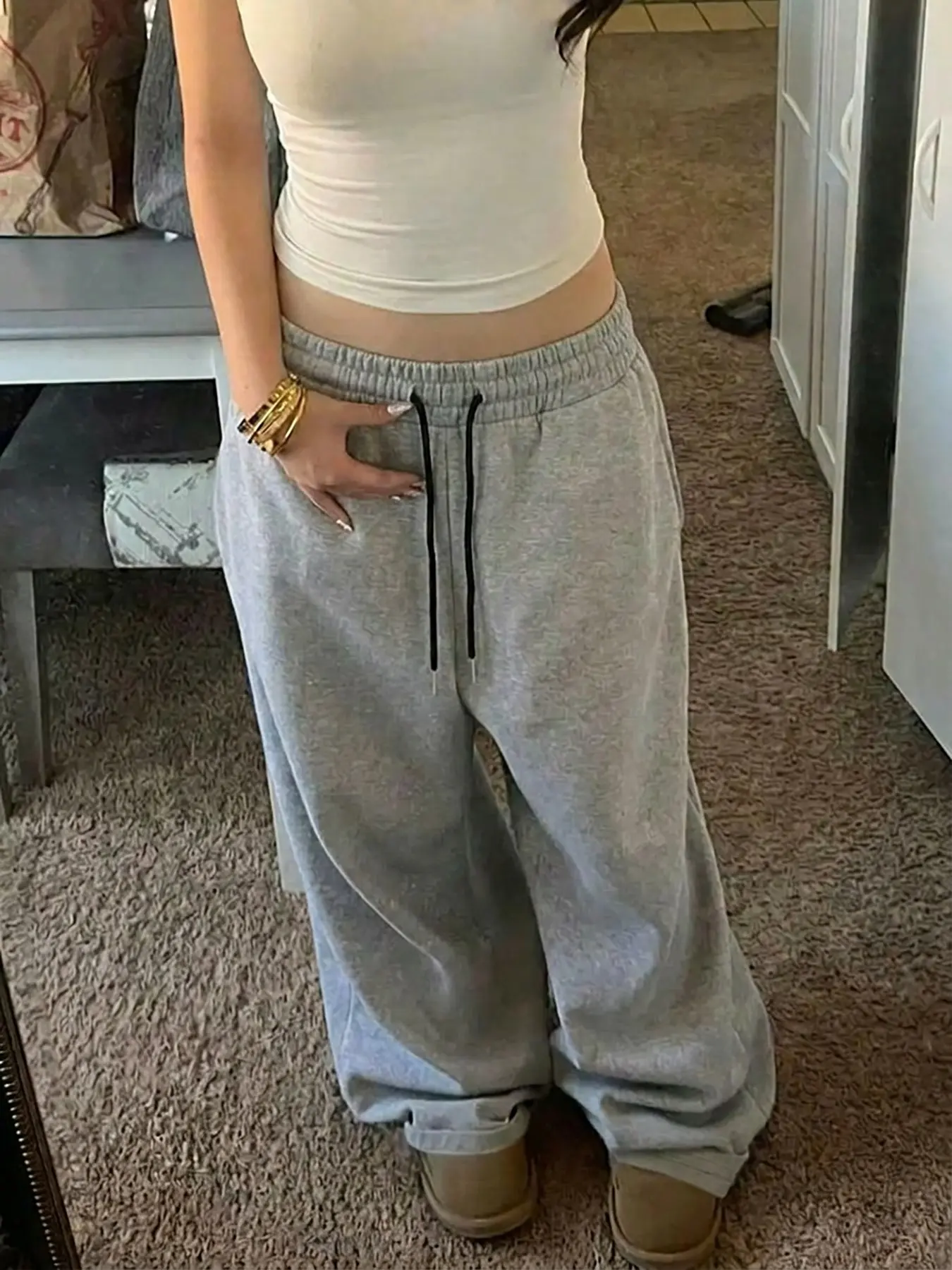 Soft Heather Grey Terry Cotton Elastic Drawstring High Waist Baggy Wide Leg Sweatpants, Viral Y2K Streetwear Lounge Gym Daily Casual Loose Women Trousers, Stretch Relax Fit Comfy All Season Pants With Side Pockets Aesthetic Lazy Daily Outfit Basic Bottoms