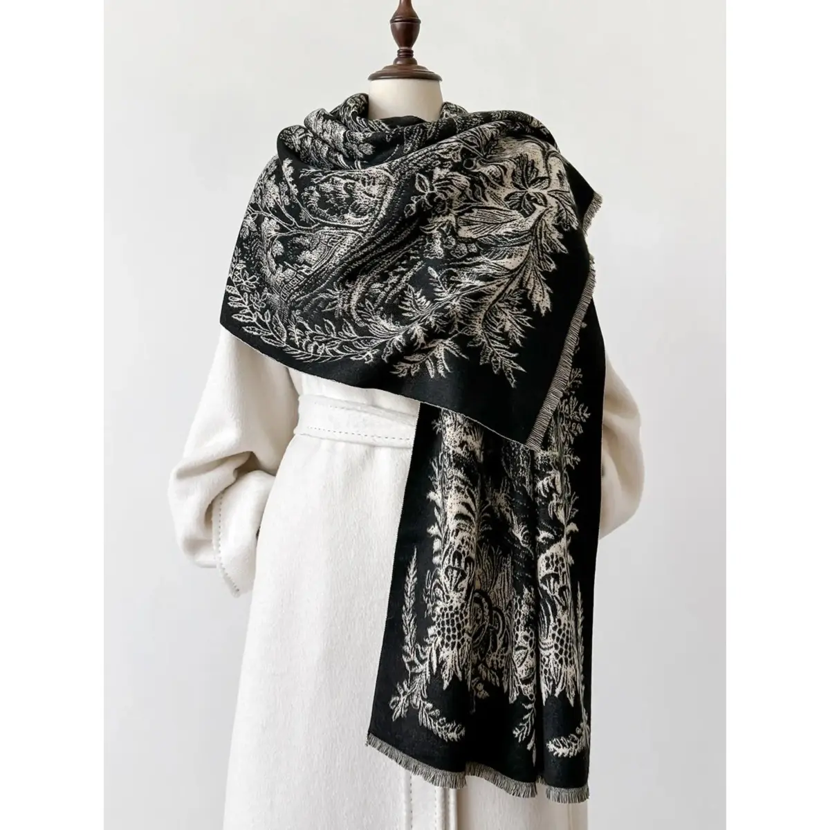 Women's Italian Plant Jacquard Scarf - Double-Sided Boho Tencel Shawl with Tassels, Female Chiffon Accessory for Fall Winter with Soft Warmth, Tassel Decor Shawl, Plain, Square, Clothes, Neck Scarf, Wrap Shawl