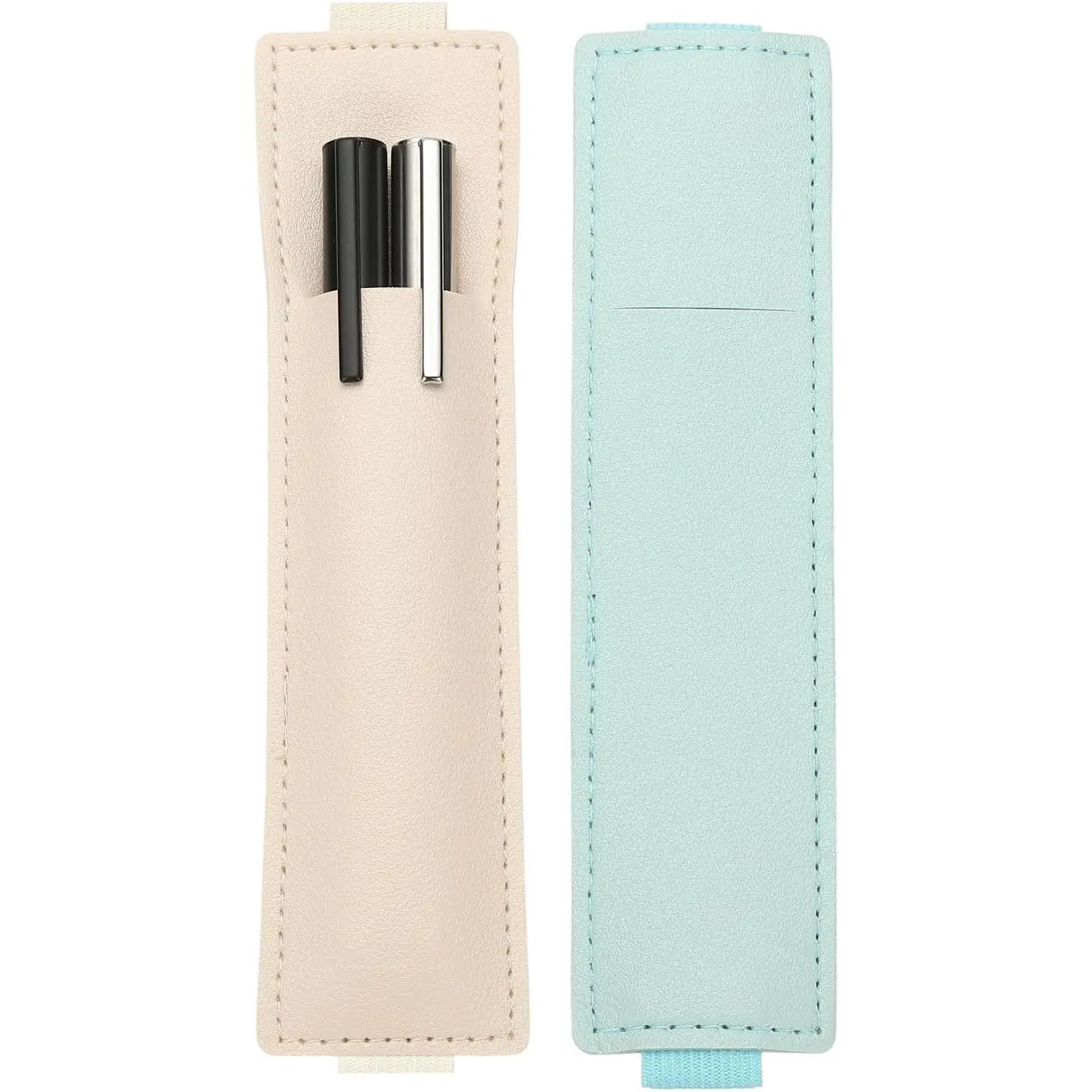 2 count Elastic Notebook Pen Holder, Adjustable Hold 2 Pen Holder PU Leather Pencil Sleeve Pouch for Journal Clipboard Planner Books, Light Blue/Beige