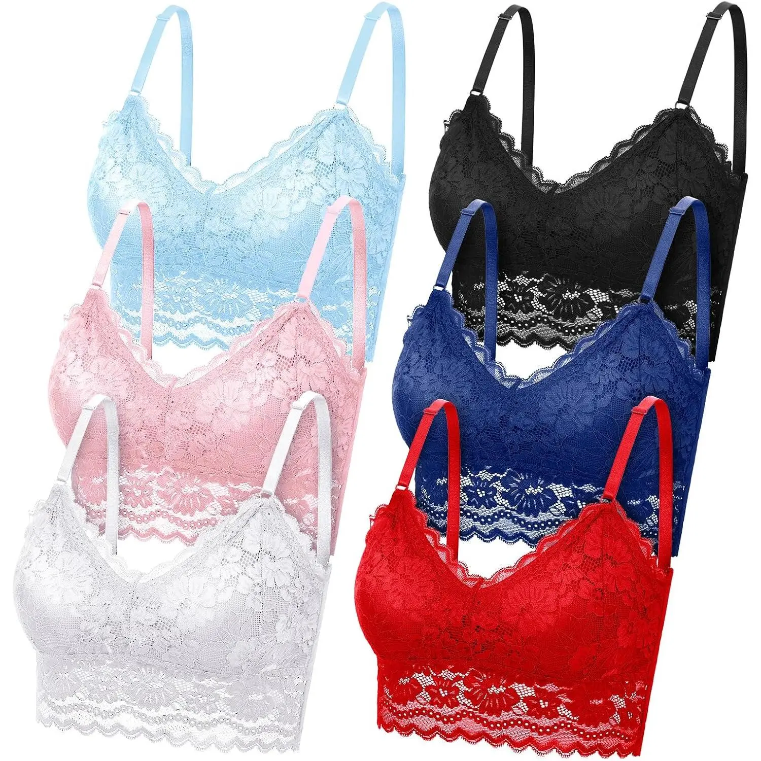 6/12 Pcs Women's Lace Cami Top, Wireless Bralette Floral Non Padded Bandeau Bras with Straps