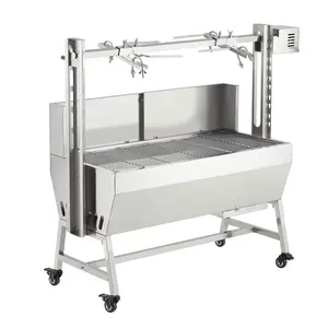 Stainless Steel Electric Rotisserie Grill for Whole Pig & Lamb – 132lb (60kg) Capacity, 52W Electric Motor & Hand Crank, Adjustable Height, Locking Casters, Windscreen, with Baffle, Outdoor BBQ Spit Roaster,43 * 17.3 * 37"