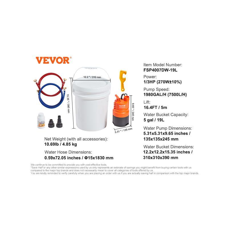 VEVOR Tankless Water Heater Flushing Kit, Includes Efficient Pump 5 Gallon Pail 2 Hoses Descaling Powder, Wrench and Adapter for Quick Install Easy to Start, Water Heater Flush Kit