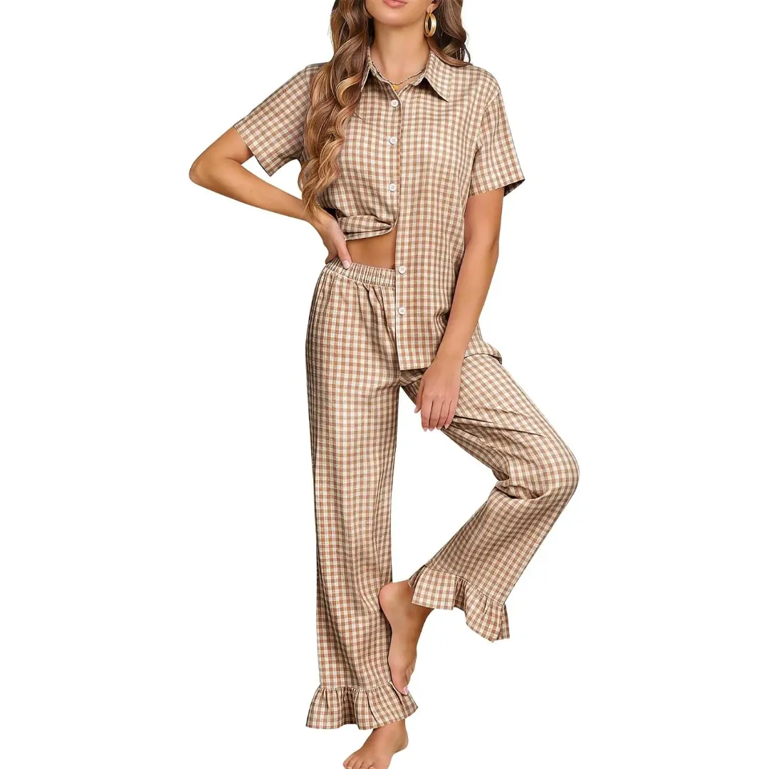 Women's 100% Cotton 2-Piece Gingham Plaid Pajama Set - Short Sleeve Button-Down Top, Ruffled Pants, Cold Wash Vacation Sleepwear, Short Sleeve Tops