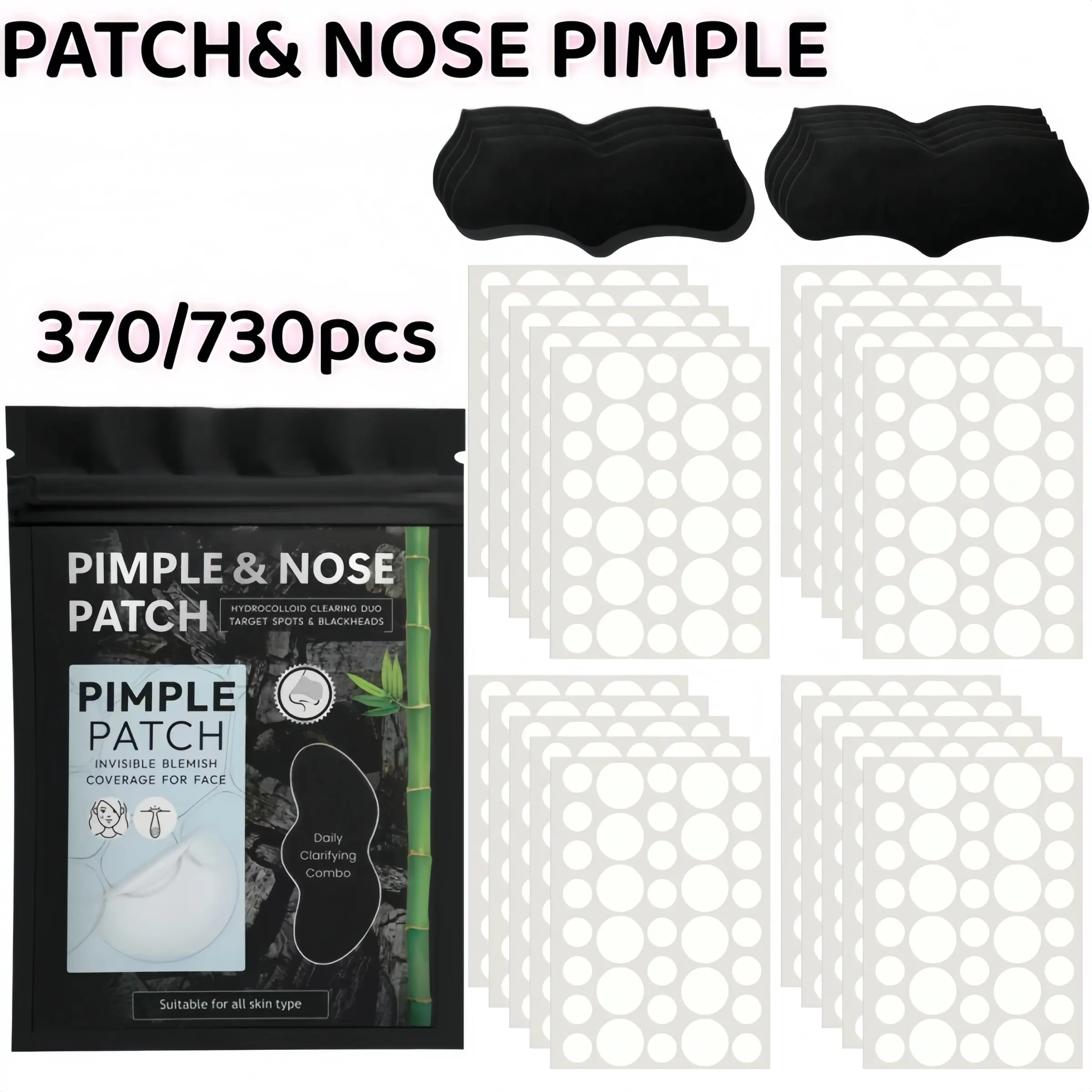 370/730pcs Hydrocolloid Acne Pimple Patch & Nose Strip Combo, Invisible Blemish Patches with Blackhead Pore Cleansing Nose Strips for Daily Facial Care