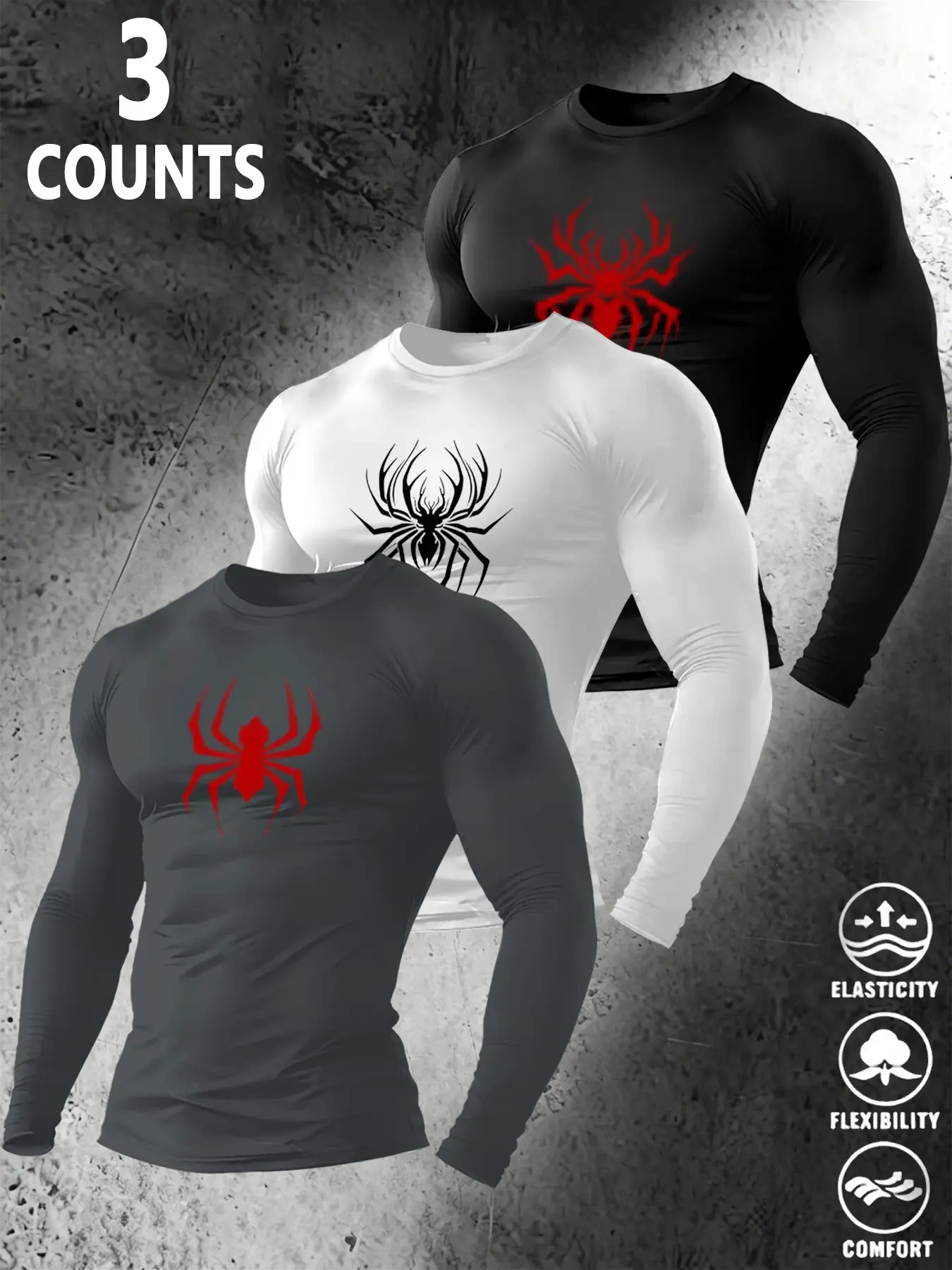 Men's Dark Spider Print Long Sleeve Fitness T-Shirt, Fitted Training Top, Casual Streetwear, Running Basketball, Sporty Baselayer