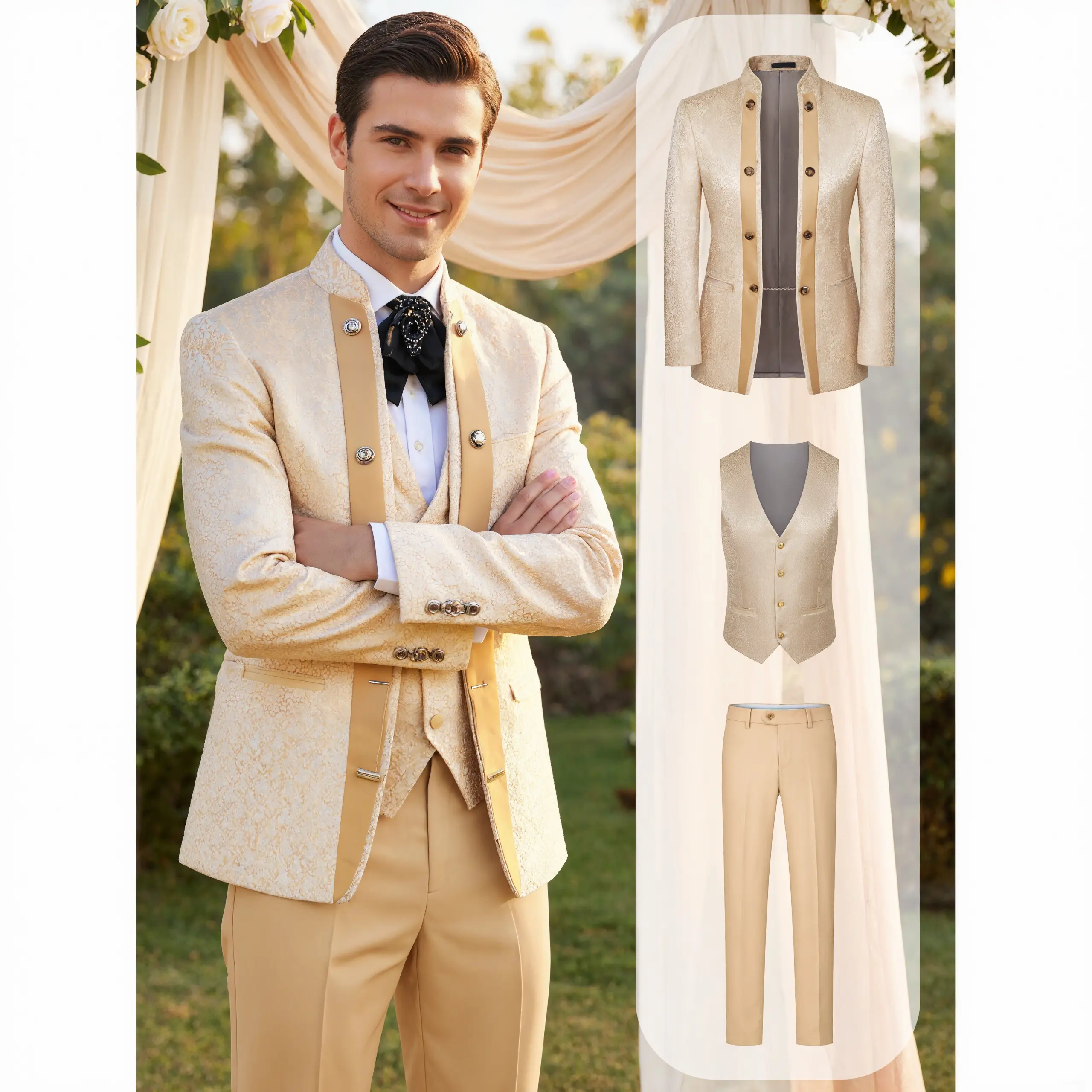 Men's 3-Piece Stand Collar Jacquard Tuxedo Suit – Double-Breasted Style Blazer, Vest & Pants for Weddings & Formal Events