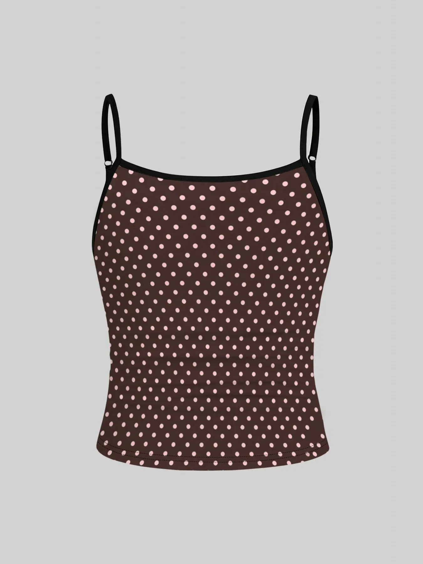 1 girl's sleeveless dark brown bottom light pink polka dot camisole top, black edging adjustable shoulder strap, pleated slim fit vest, vintage sweet Casual Fashion Sleeveless summer clothing, suitable for girls' daily wear, travel, picnics, beach wear