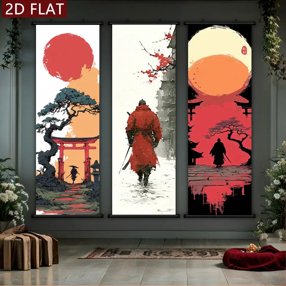 3-Piece Sunset Shrine Samurai Scroll Posters, HD Printed Hanging Canvas Art, Japanese Warrior Theme Decor, Ideal for Living Room Bedroom Wall Decoration