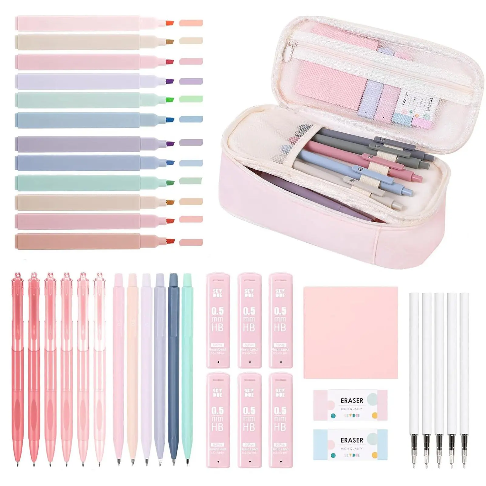 39PCS Cute School Study Supplies with Pen Case for Girls - 5 Black Ink Gel Pens, 12 Pastel Highlighters, 6 Aesthetic Mechanical Pencils Set for Stationery Set College Essentials