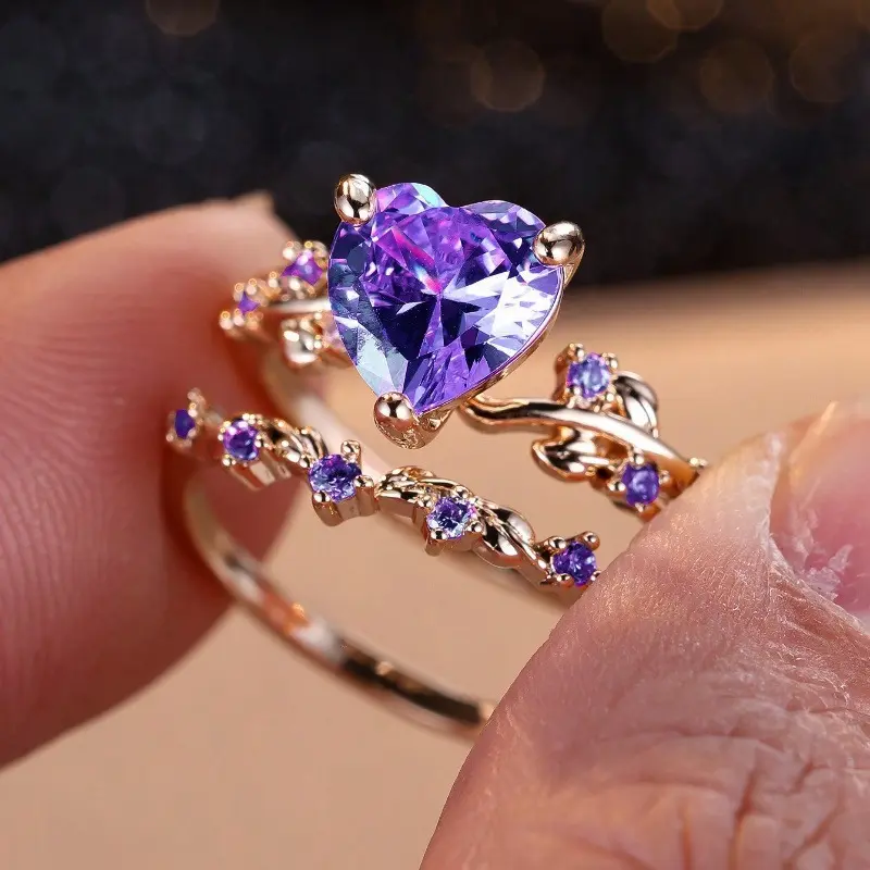 Women's 2-Pcs Ring Stack with Amethyst Vine Design, Heart-Shaped Purple Stone, and Elegant Rose Gold Finish, Valentine Gifts, Romantic Gift, Purple Crystal, Crystal Accents, Stackable Set, Versatile And Stylish, Crystal Rings, Heart Vine