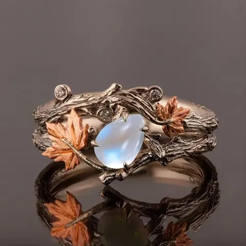 Elegant Maple Leaf Double Ring Set: Adorned with Blue stones, Rose Golden Plated, a Vintage Choice Zinc  Crafted Beautiful Rings