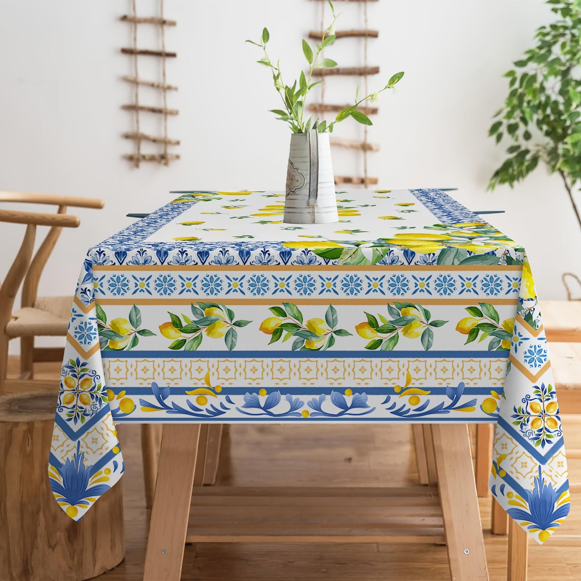 Elegant Mediterranean-Inspired Tablecloth with Fresh Lemon & Blue Floral Design - Polyester, Machine Washable for Dining Room, Living Room, Outdoor Decor