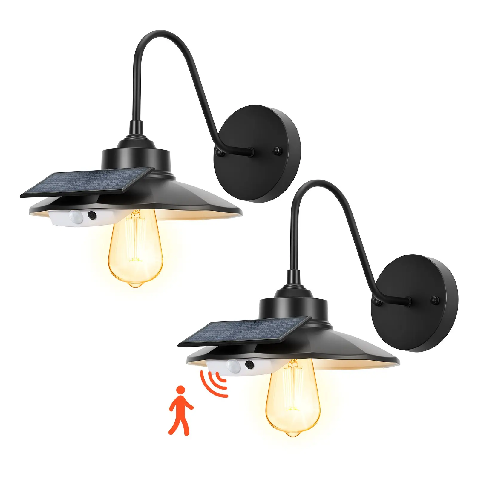 【Summerfinds】VEVOR Solar-Powered Outdoor Wall Lights 2-Pcs Set, Cast Iron Gooseneck Barn Light Fixture with Motion Sensor, 3 Lighting Modes, E27 Bulb Compatible, Water Resistant for Porch, Garage, Black