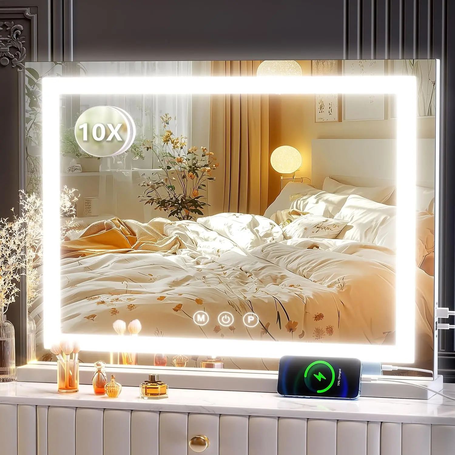 Makeup Vanity Mirror with USB Charging Port 24" x 19" Large LED Makeup Mirror, Desk Mirorr with Lights, Light up Mirror with 10X Magnification, Dimmable 3 Modes, Touch Control White