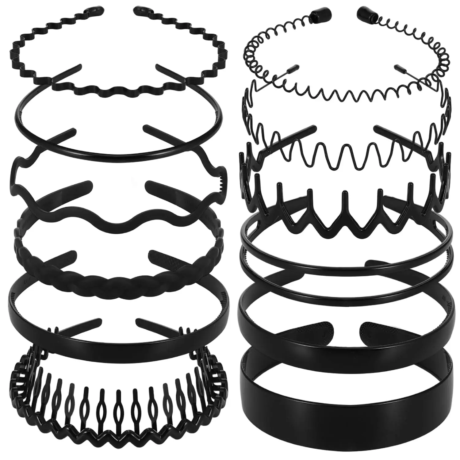 12 Pack Black Headbands, Unisex Plastic Zig Zag Hair Band with Non-Slip Toothed Grip, Adjustable Size for Daily, School & Party Wear