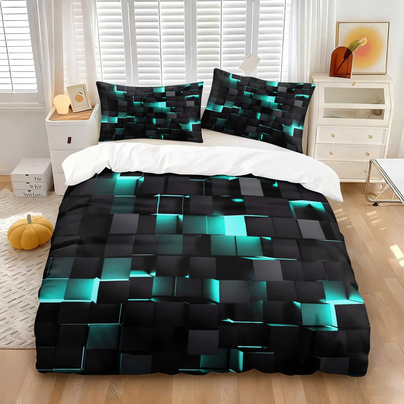 3D Fluorescent Teal Blue Block Geometric Duvet Cover Set-1 Duvet Cover & 1-2 Pillowcases No Core-Minimalist Abstract Rectangular Square-Soft Breathable-Cyberpunk Style for Gaming Room/ Boys Dorm Decor