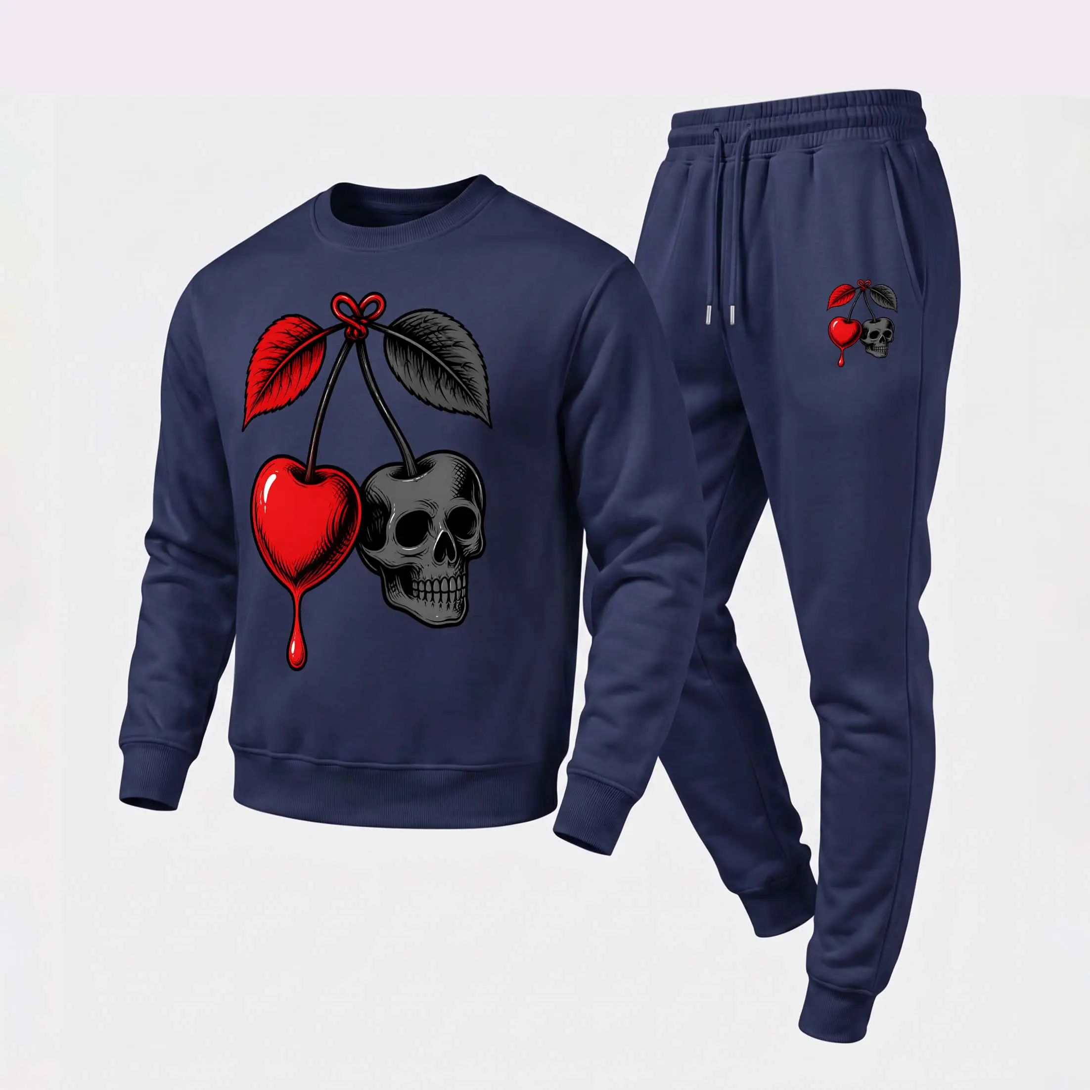 Men's Gothic-Style Cherries And Skulls Graphic Crewneck Sweatshirt and Jogger Pants Set, Casual Long Sleeve Pullover with Drawstring Sweatpants, Fall Winter Tracksuit for Daily Wear, Travel, Lounge, Workout and Indoor Outdoor Activities