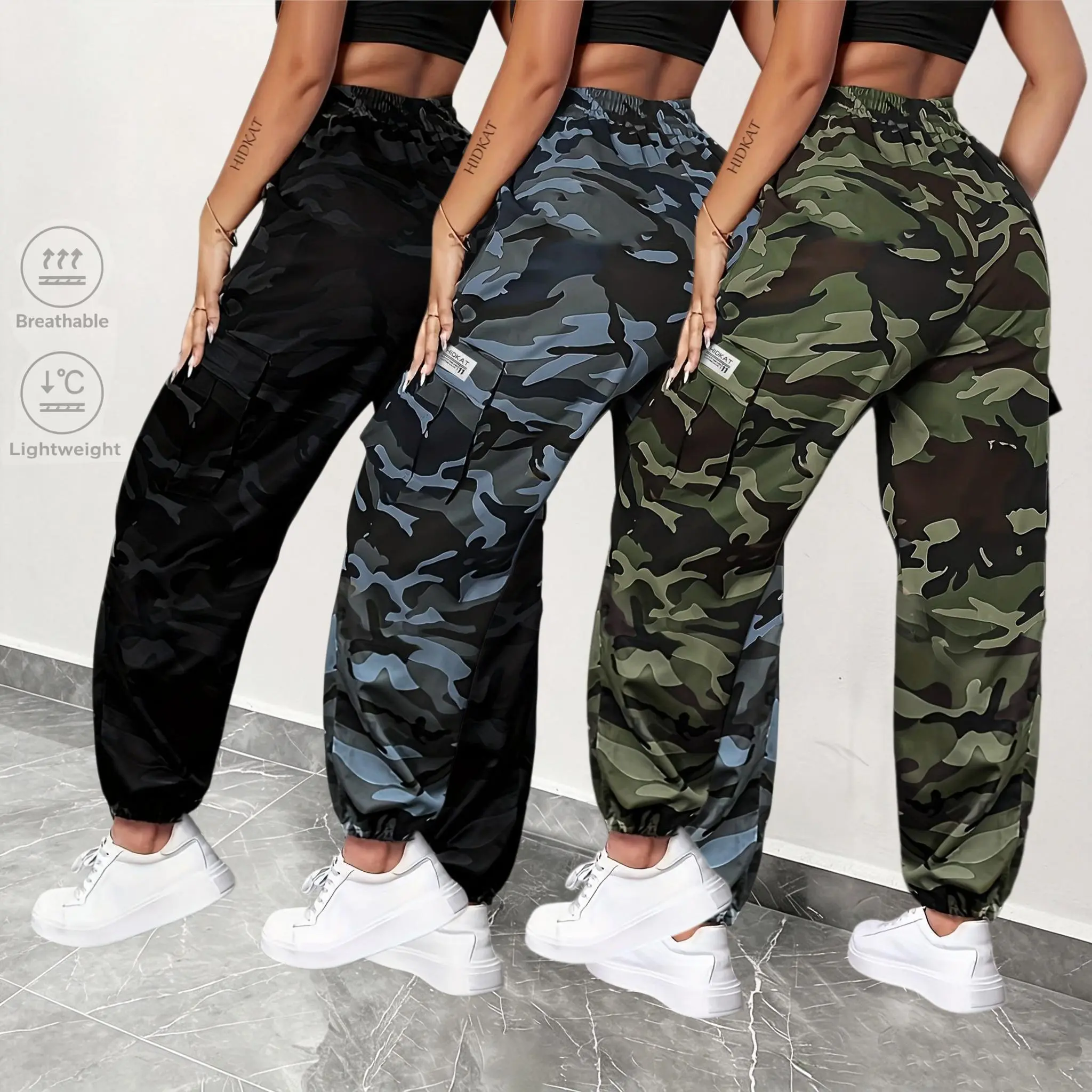 3-piece Set Women's Camo Cargo Pants, Women's Camouflage Cargo Pants, Women's Lightweight Breathable Cargo Pants, Women's Elastic Waist Camo Pants, Women's Casual Camo Joggers Women's Clothing