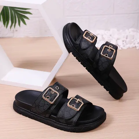 2026 Summer Women's Two-Buckle Slides, Adjustable Buckle Open-Toe Thick Sole, Soft Anti-Slip PU Leather Casual Commute Footwear Sliders Shoes